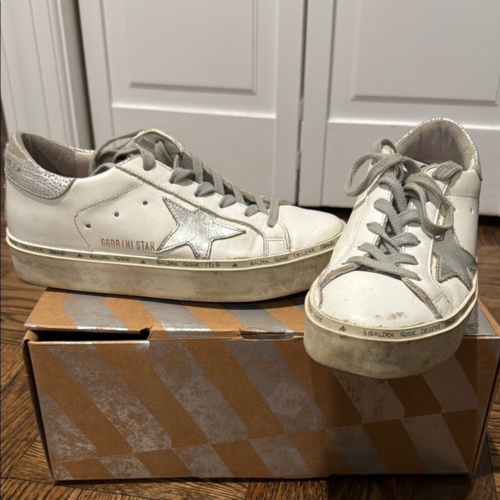 Golden Goose White and Silver Sneakers